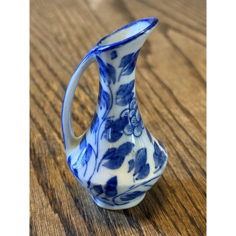 Vintage Miniature Blue Porcelain Vase With Handle 2.5" Flaw